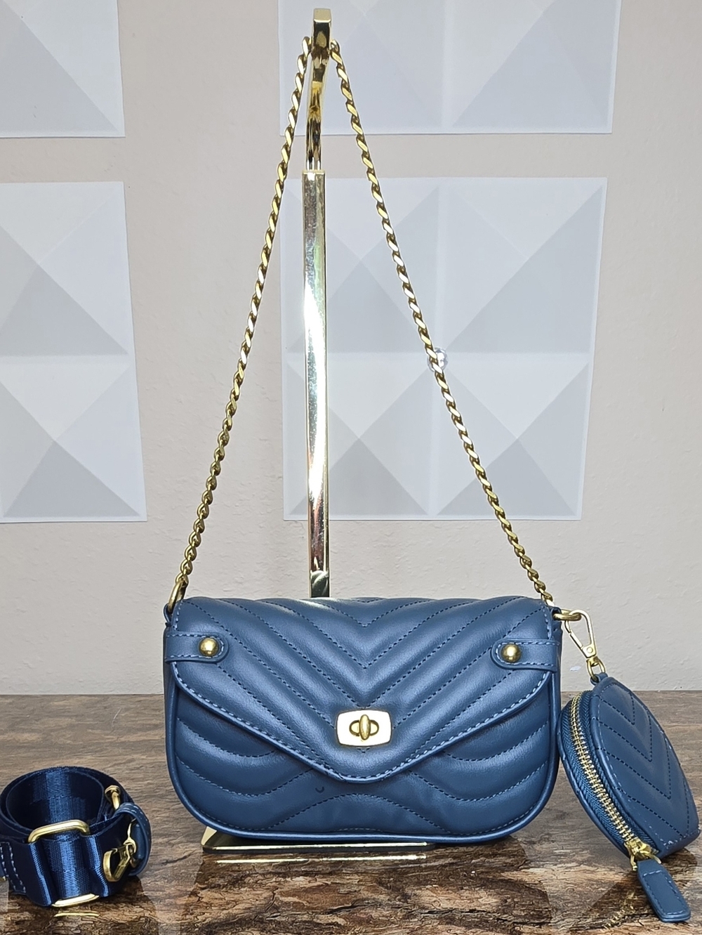 Quilted Blue Crossbody Bag w/ Gold Chain Strap & Mini Coin Pouch – Chic & Trendy